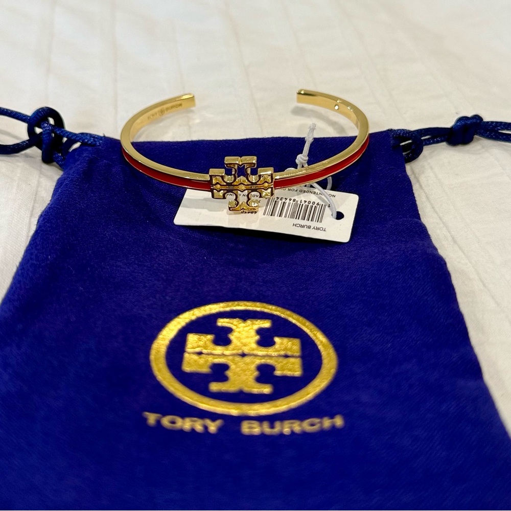 Tory Burch Gold and Red Logo Bangle